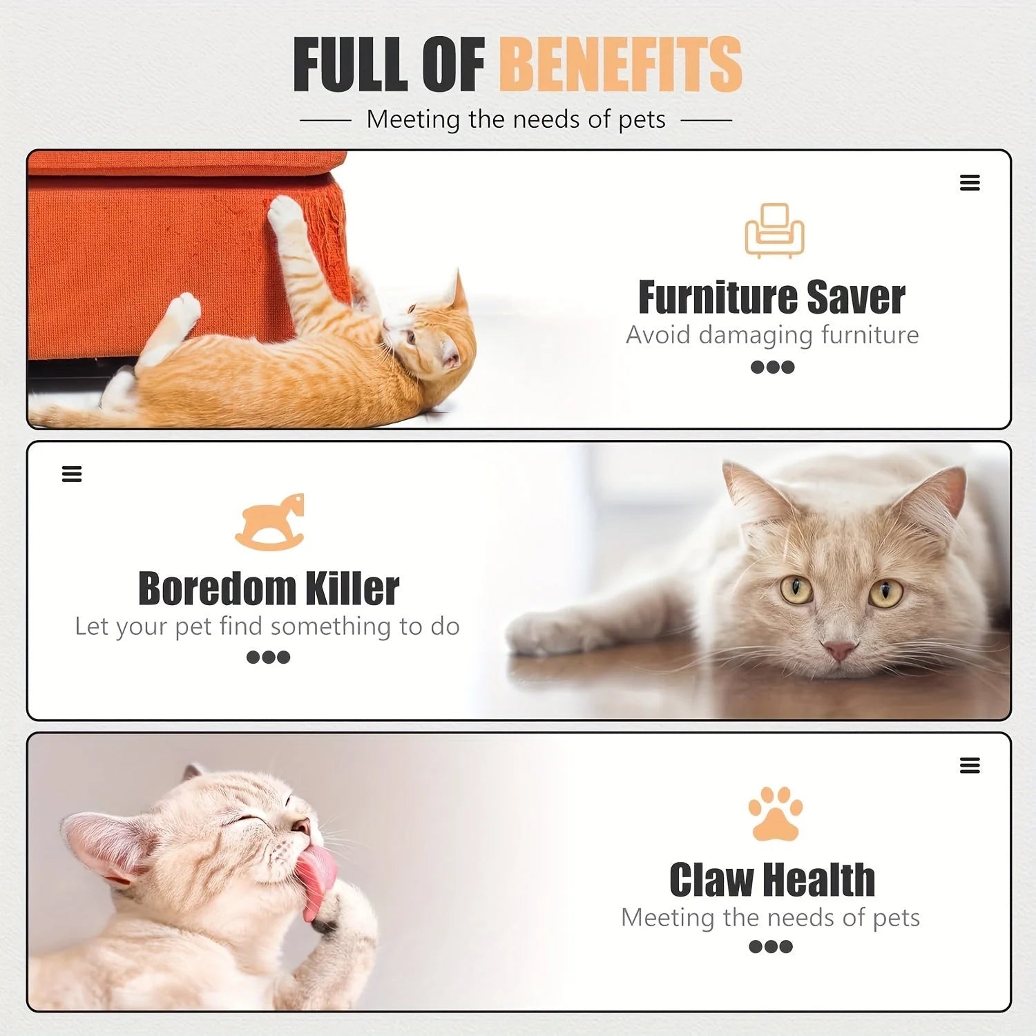 Infographic showcasing the benefits of a cat scratching post for large cats: furniture saving, boredom relief, and claw health