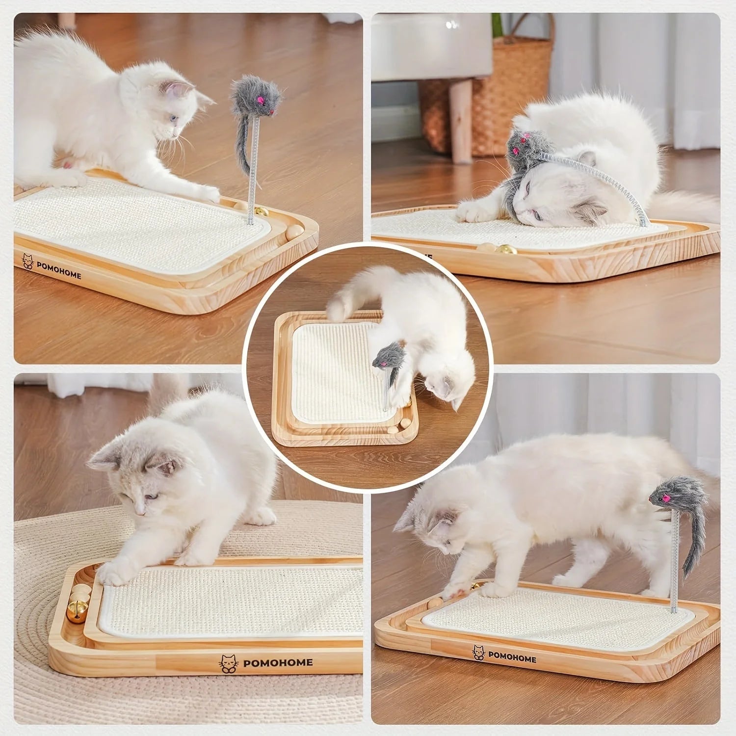 Collage showing various playful moments of a cat interacting with a cat scratching post for large cats