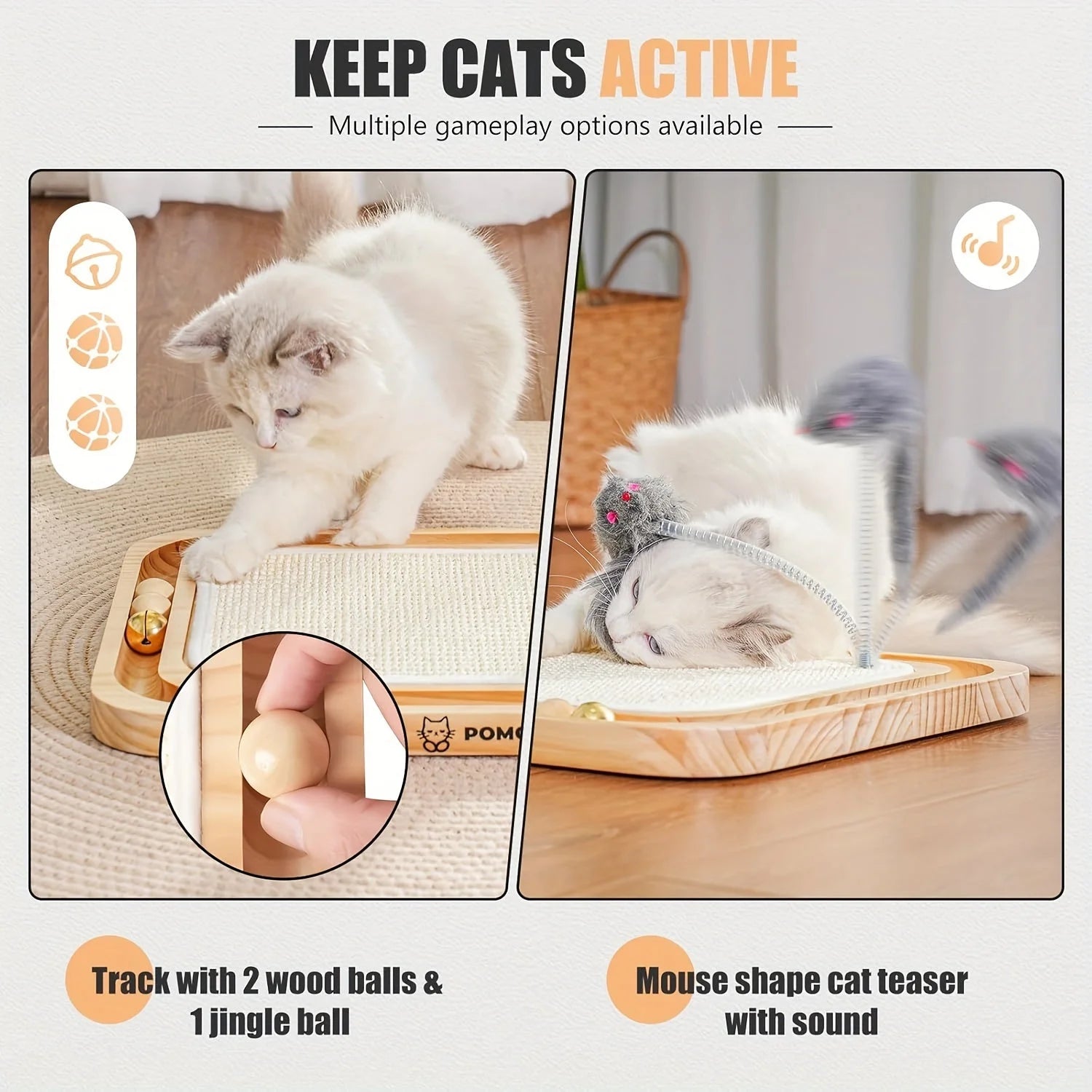 A detailed overview highlighting multiple gameplay options of a cat scratching post for large cats, including track balls and a sound-making mouse teaser.