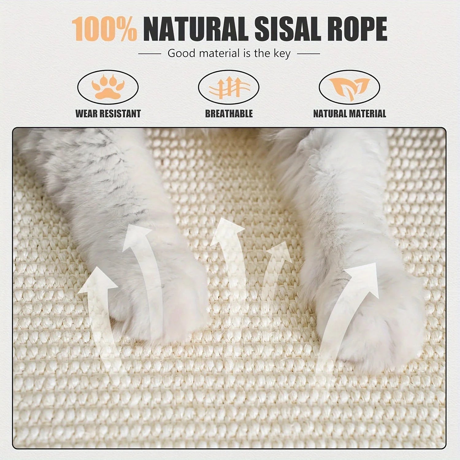 Close-up highlighting the durable and breathable natural sisal rope material on a cat scratching post for large cats.