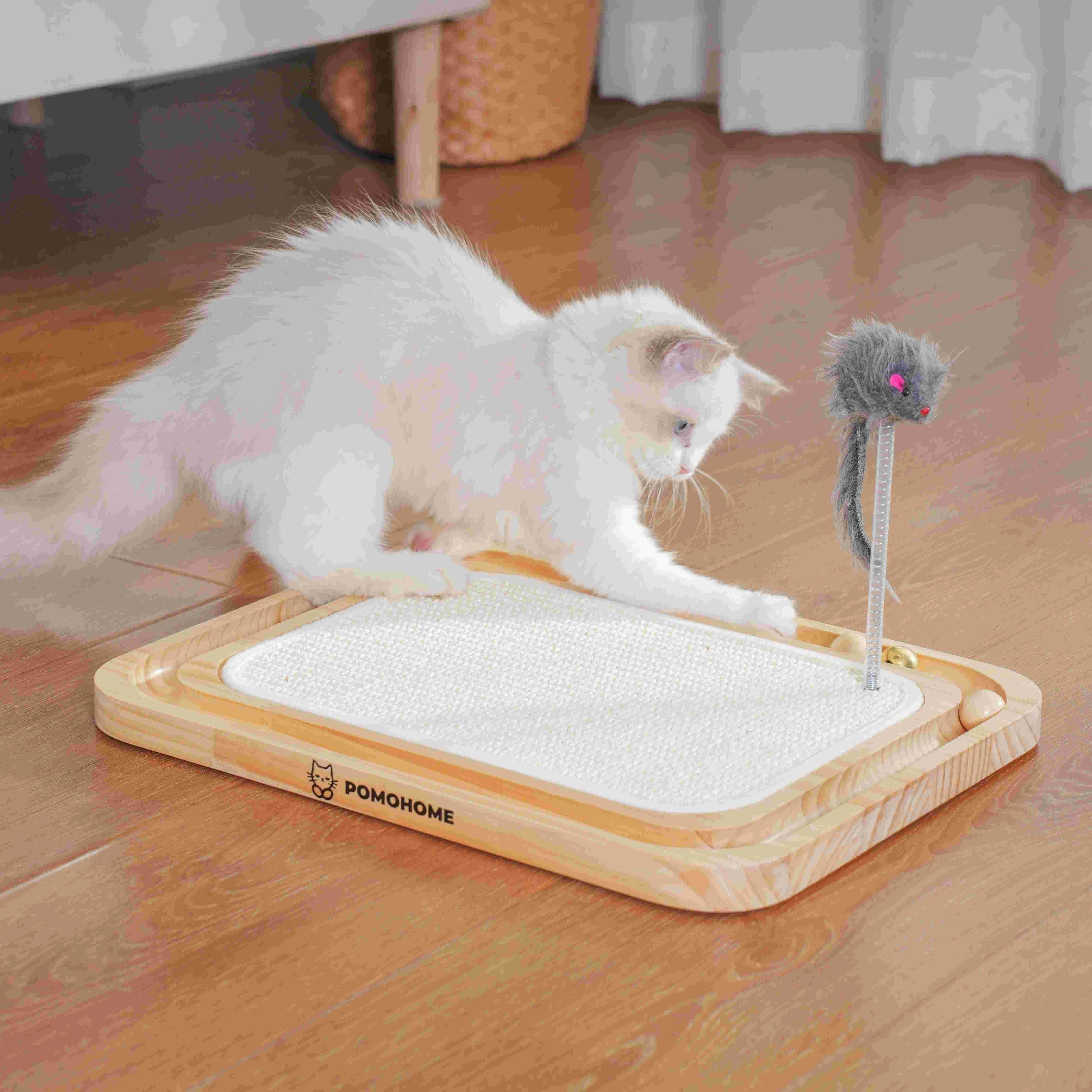 A playful cat enjoys a cat scratching post for large cats, featuring a mouse-shaped teaser.
