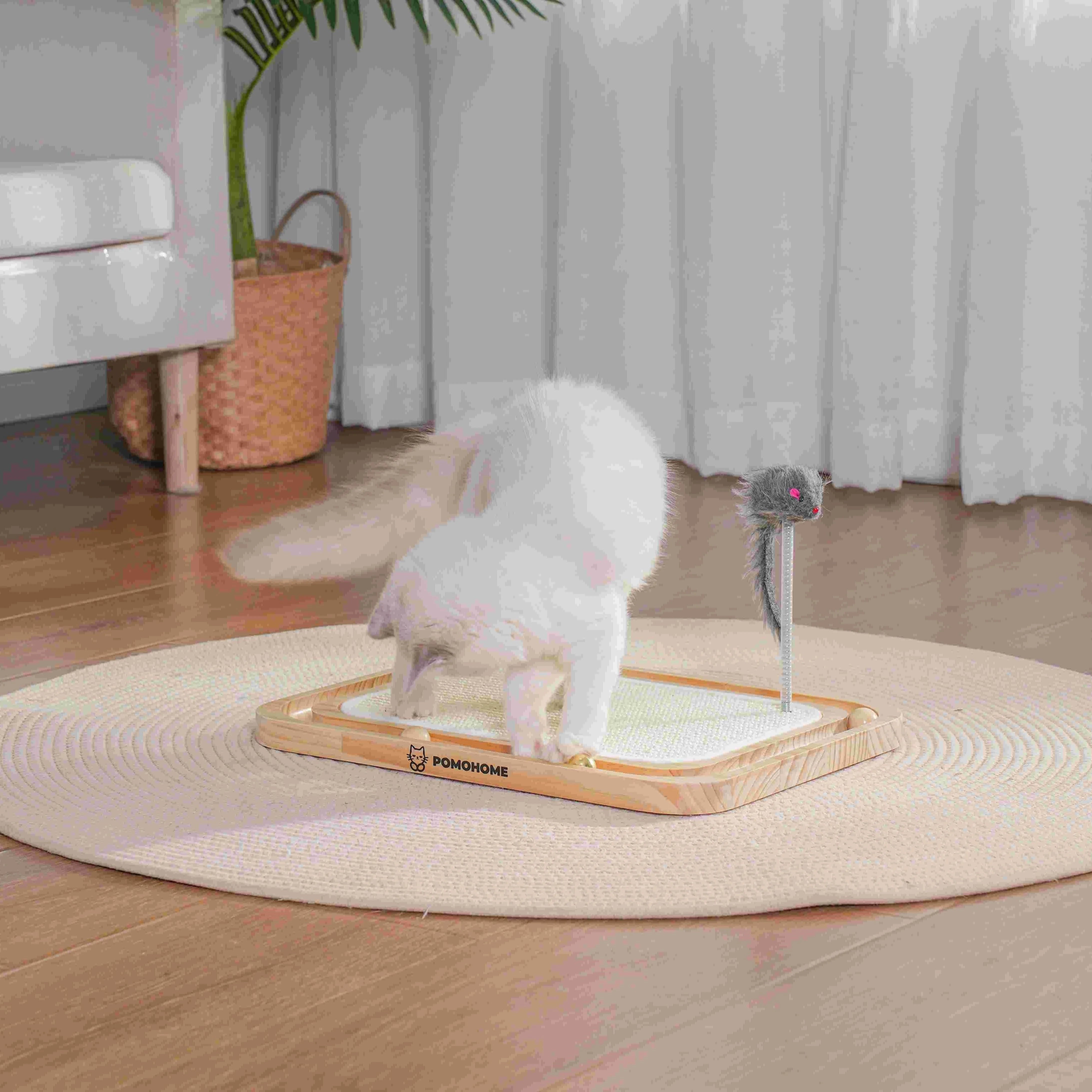 A cat playing energetically on a stylish wooden cat scratching post for large cats in a cozy living room setting.