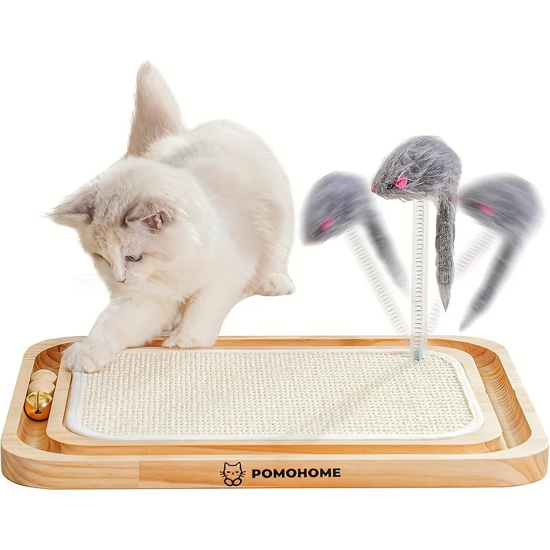 Action shot of a cat energetically playing with the mouse teaser of a cat scratching post for large cats.