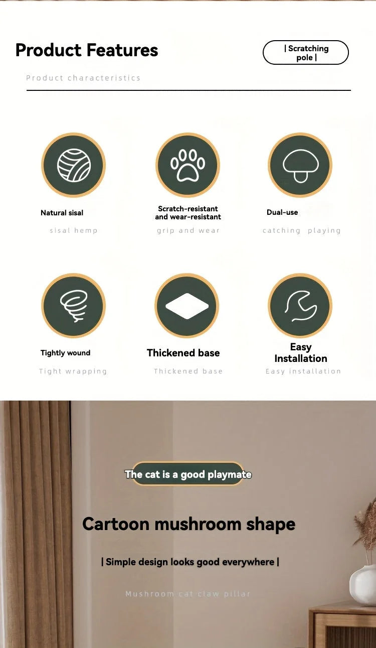 Infographic highlighting features of a good scratching post for cats, such as natural sisal, scratch resistance, and easy installation.