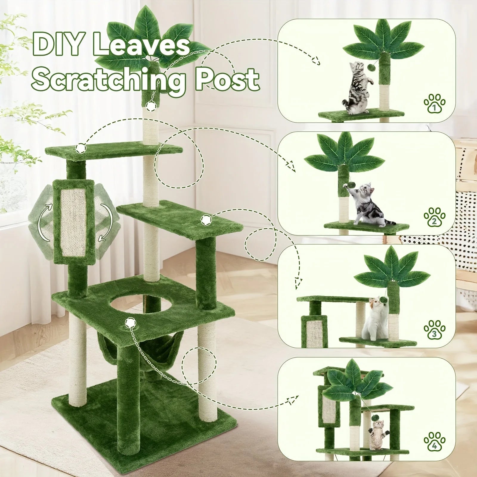 "DIY cat tower scratching post for large cats with customizable leafy top and scratching panels."