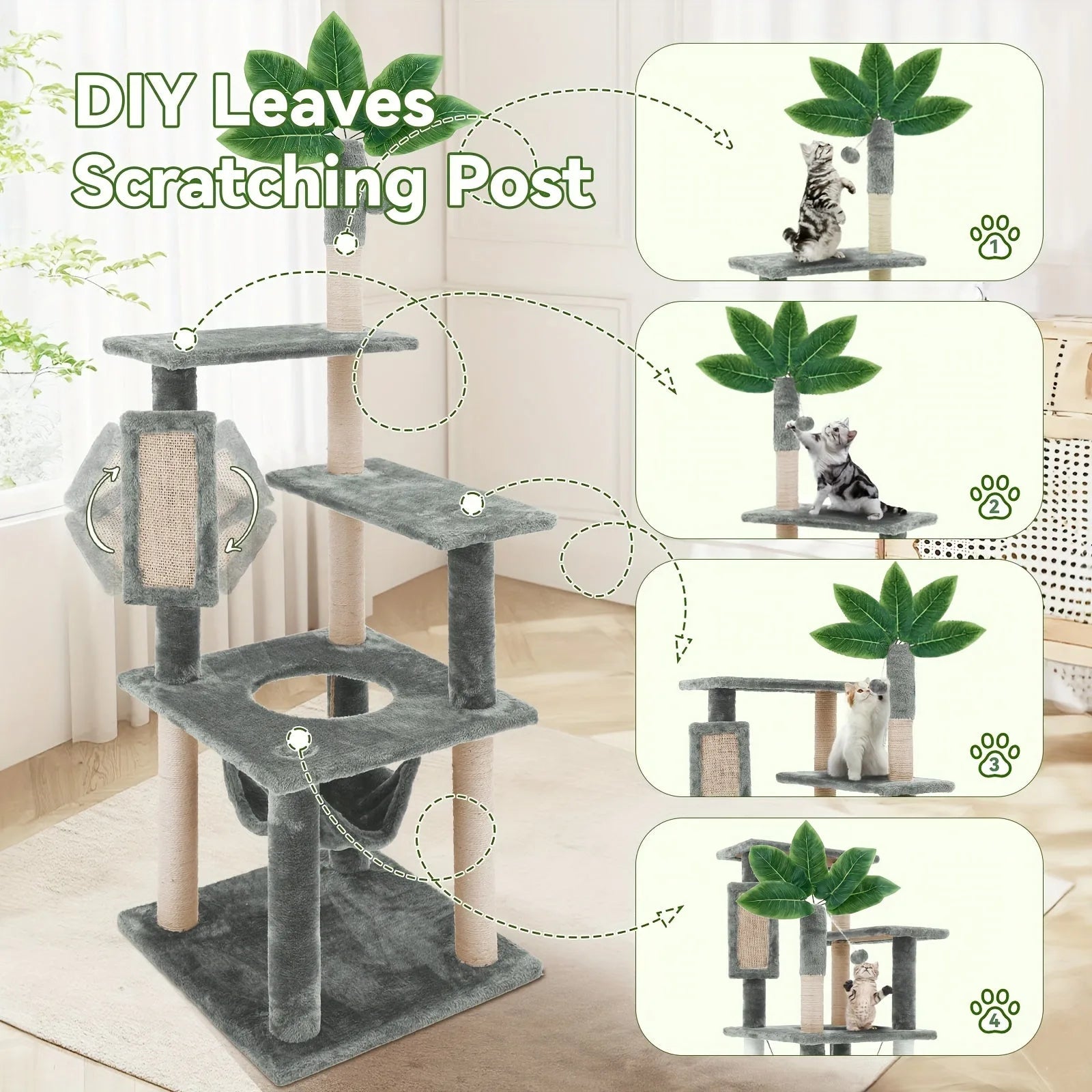 "Detailed DIY options for a cat tower with customizable leaf design and scratching post for large cats."