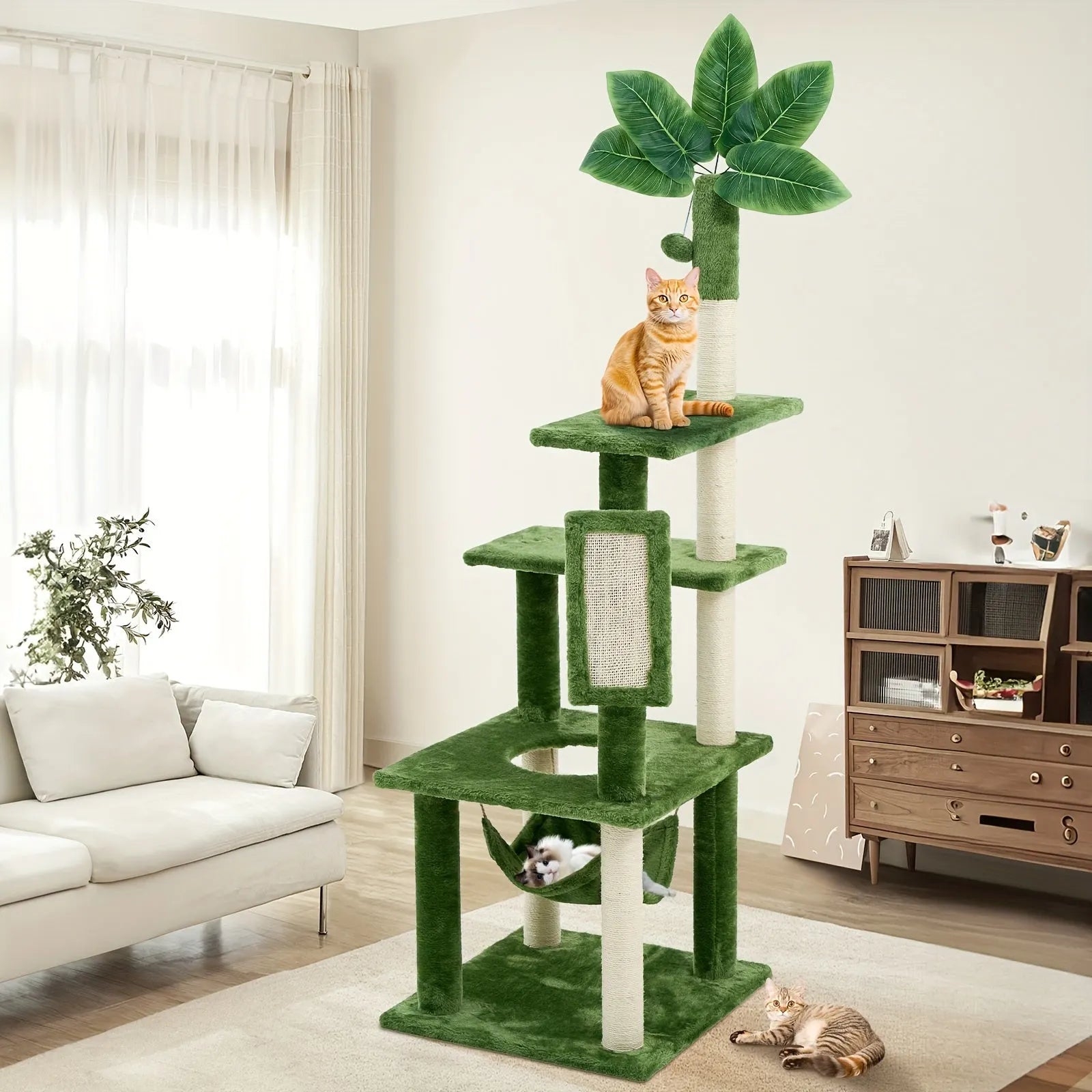 "Detailed DIY options for a cat tower with customizable leaf design and scratching post for large cats."