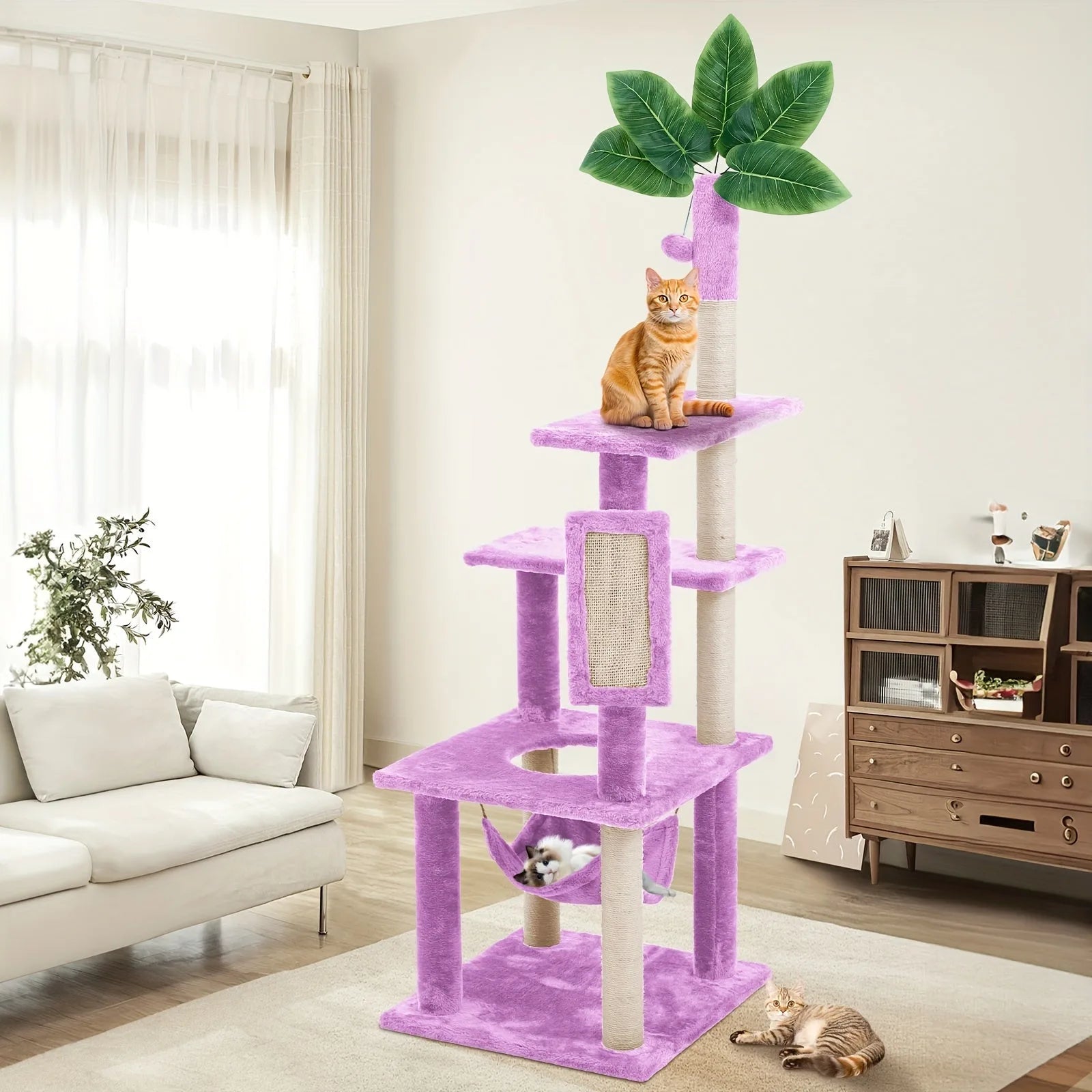 "Purple-themed cat tower for large cats with multiple levels, hammock, and playful leafy top."