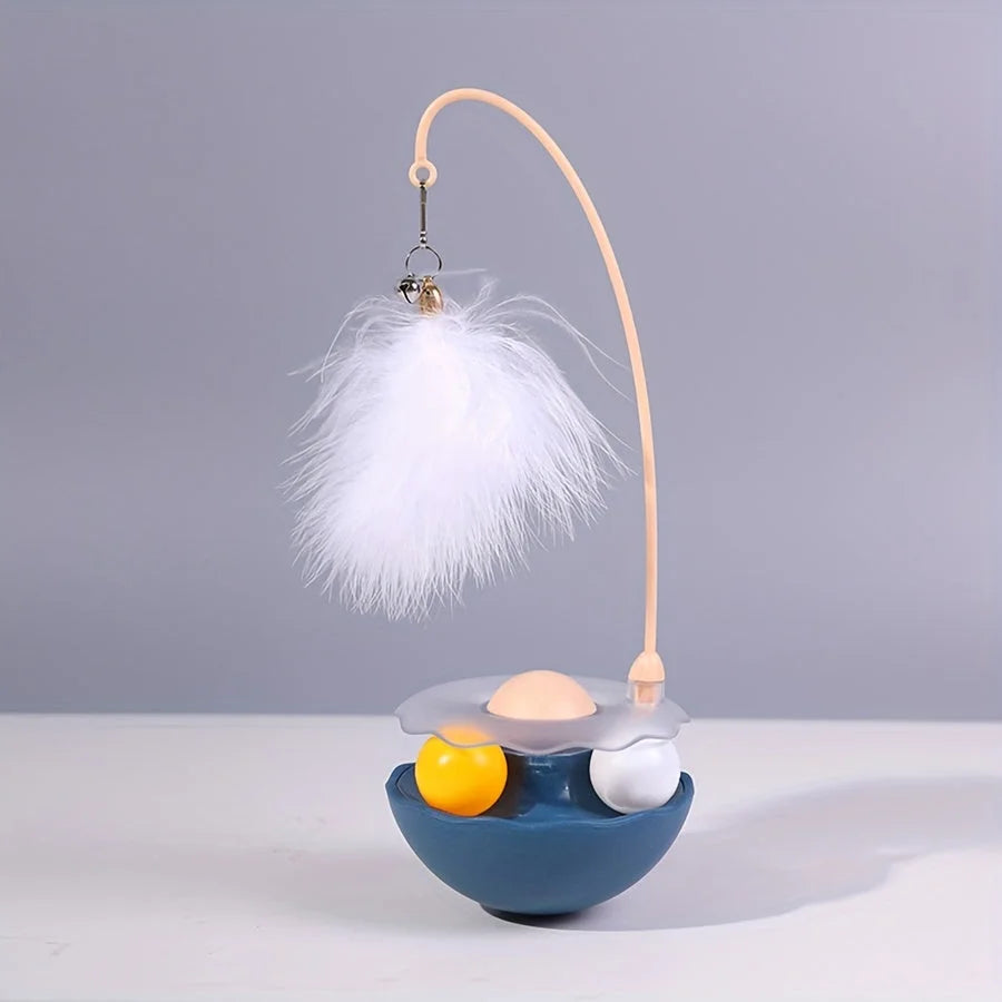 A cat toy feather wand in blue and yellow colors, with a fluffy white feather for cats to play with.