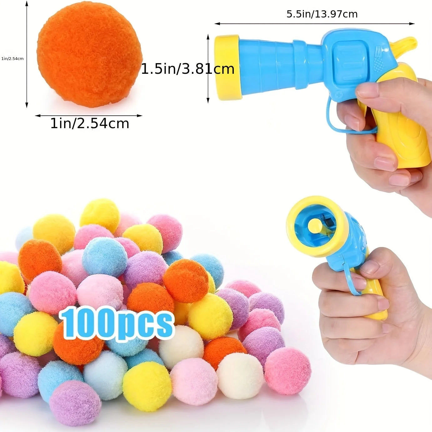 Size comparison of launcher and balls for cat toys for kittens with measurements included.