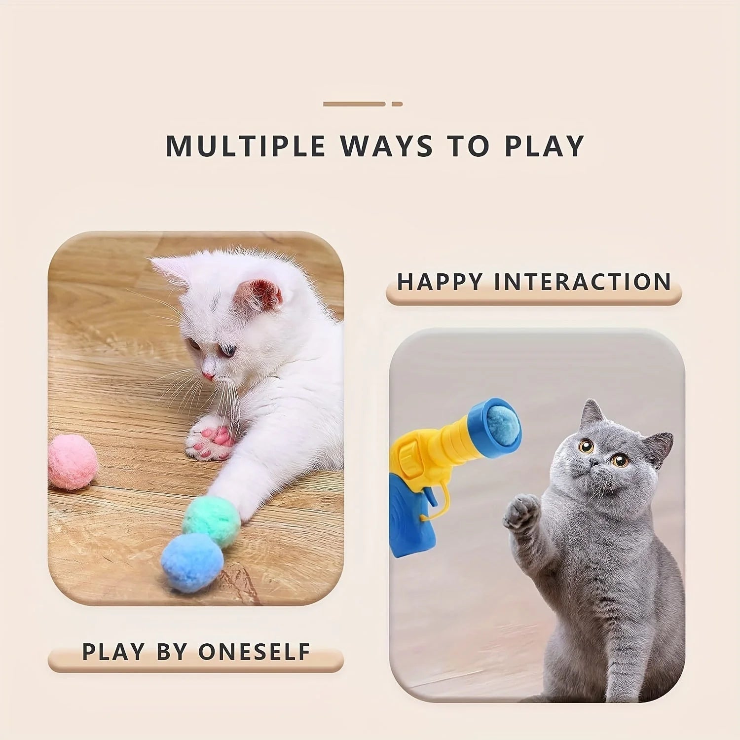 Cats enjoying different ways to use cat toys for kittens, including solo and interactive play.