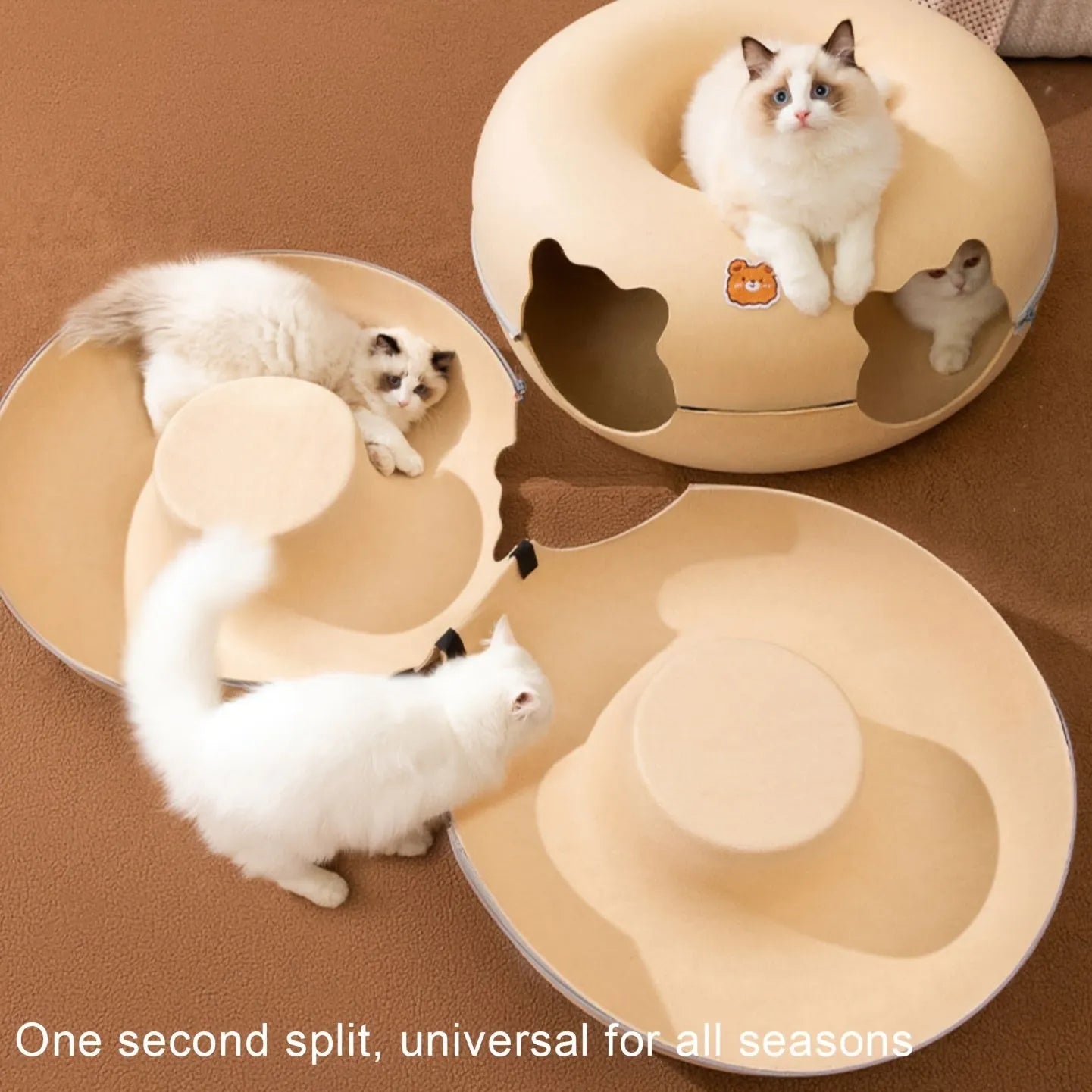 Segmented view of the cat tunnel bed, demonstrating its versatility and easy assembly for all seasons.