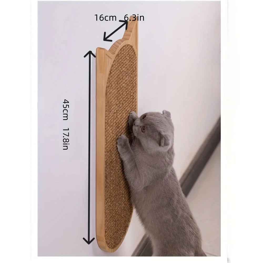 Gray cat scratching a smaller-sized cat wall scratching post, dimensions shown as 45 cm tall and 16 cm wide.