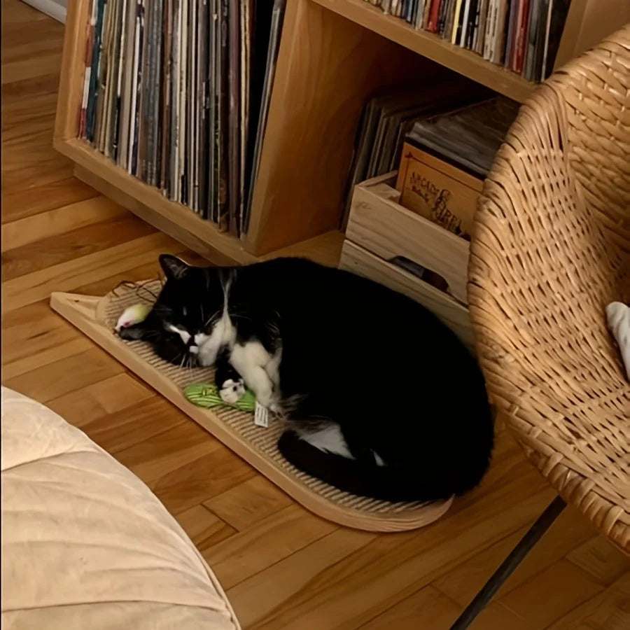Black and white cat comfortably lying on a cat wall scratching post placed on the floor