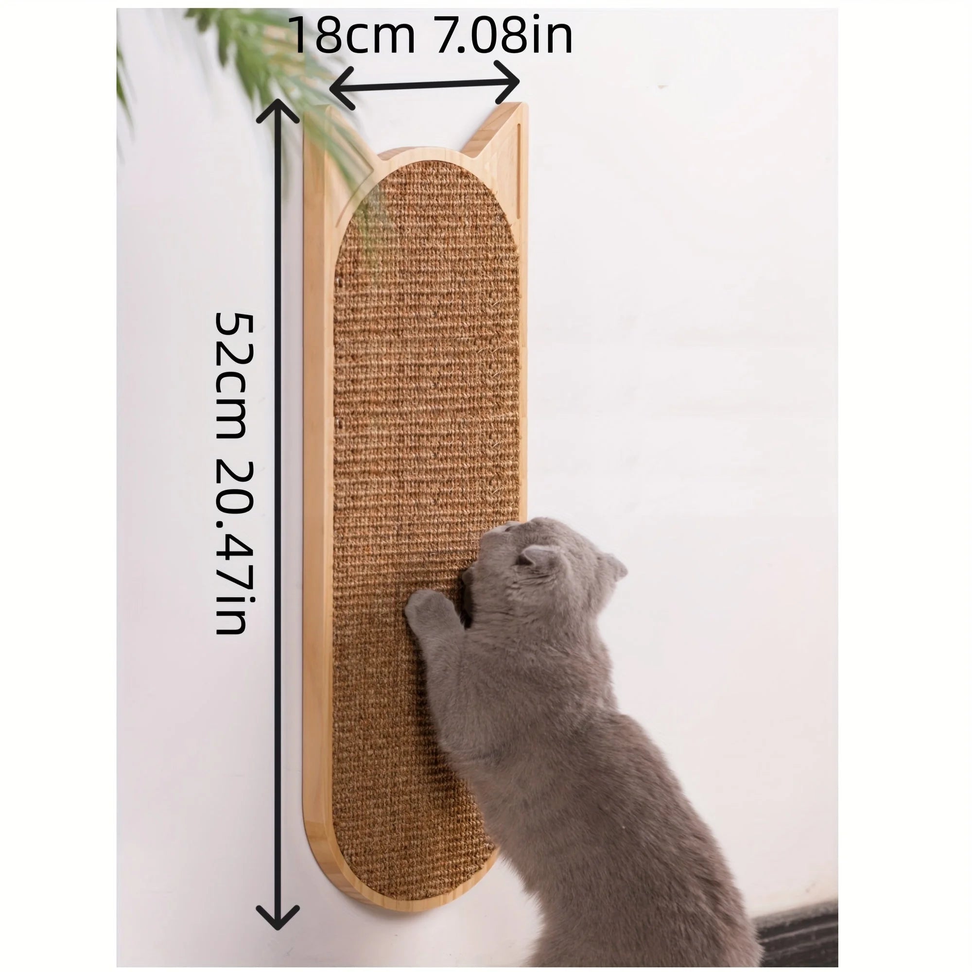 Gray cat using a cat wall scratching post with clearly marked dimensions, 52 cm height and 18 cm width.
