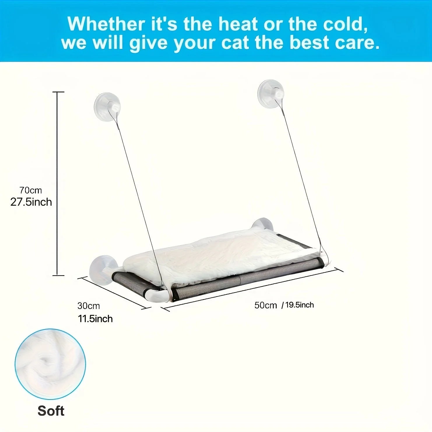 Step-by-step installation guide showing a Cat Window Bed attached with strong suction cups for easy setup on windows.