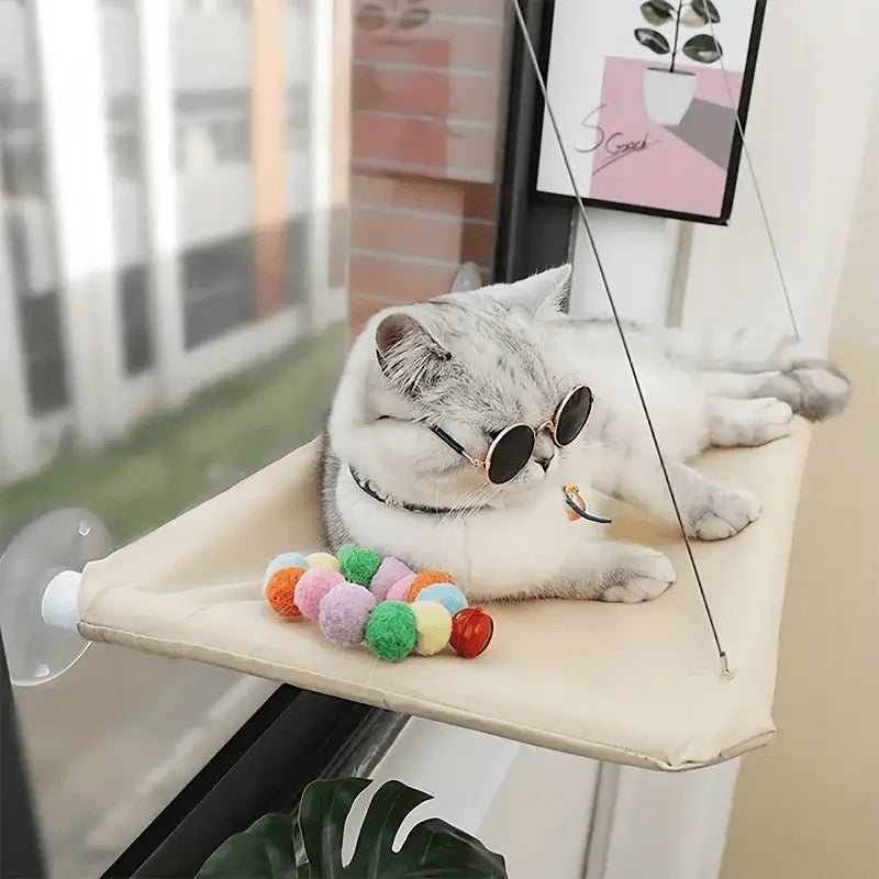Cat relaxing on a sunny window perch, surrounded by colorful toys, on a premium Cat Window Perch for Large Cats with easy installation.