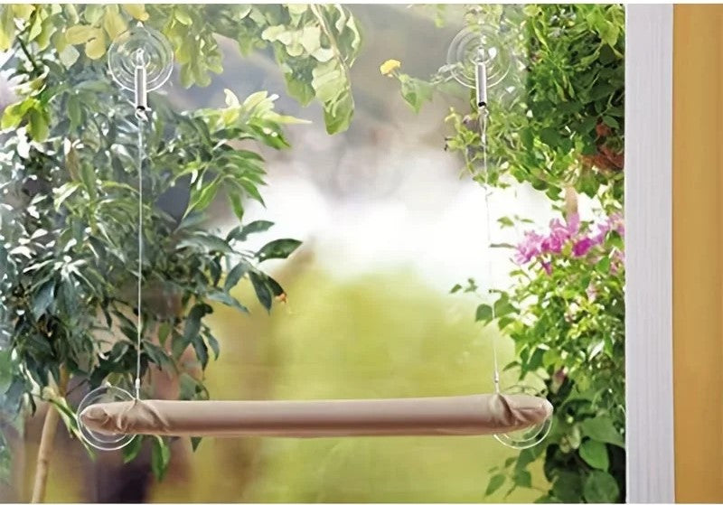 Cat Window Sill Perch with a soft fabric hammock for a comfortable spot for your cat to rest and watch the garden view.