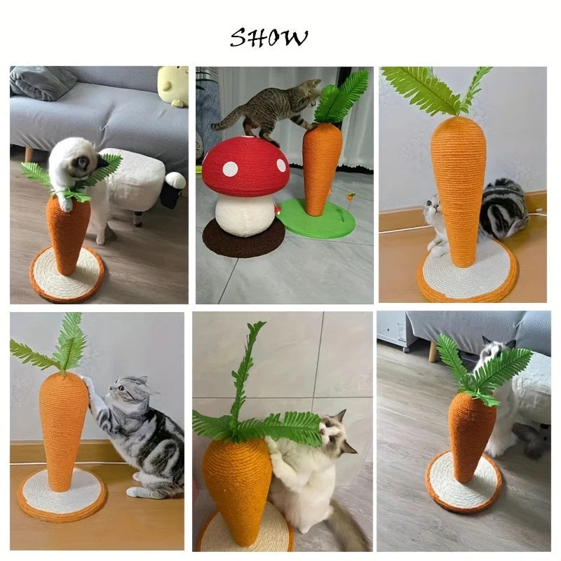 A collage showing various cats interacting and playing enthusiastically with carrot-shaped scratching posts for cats in home settings.