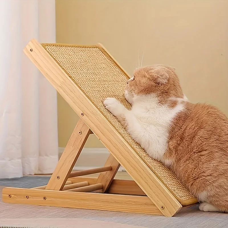 Cat enjoying scratching on an adjustable incline-style cheap cat scratching post.
