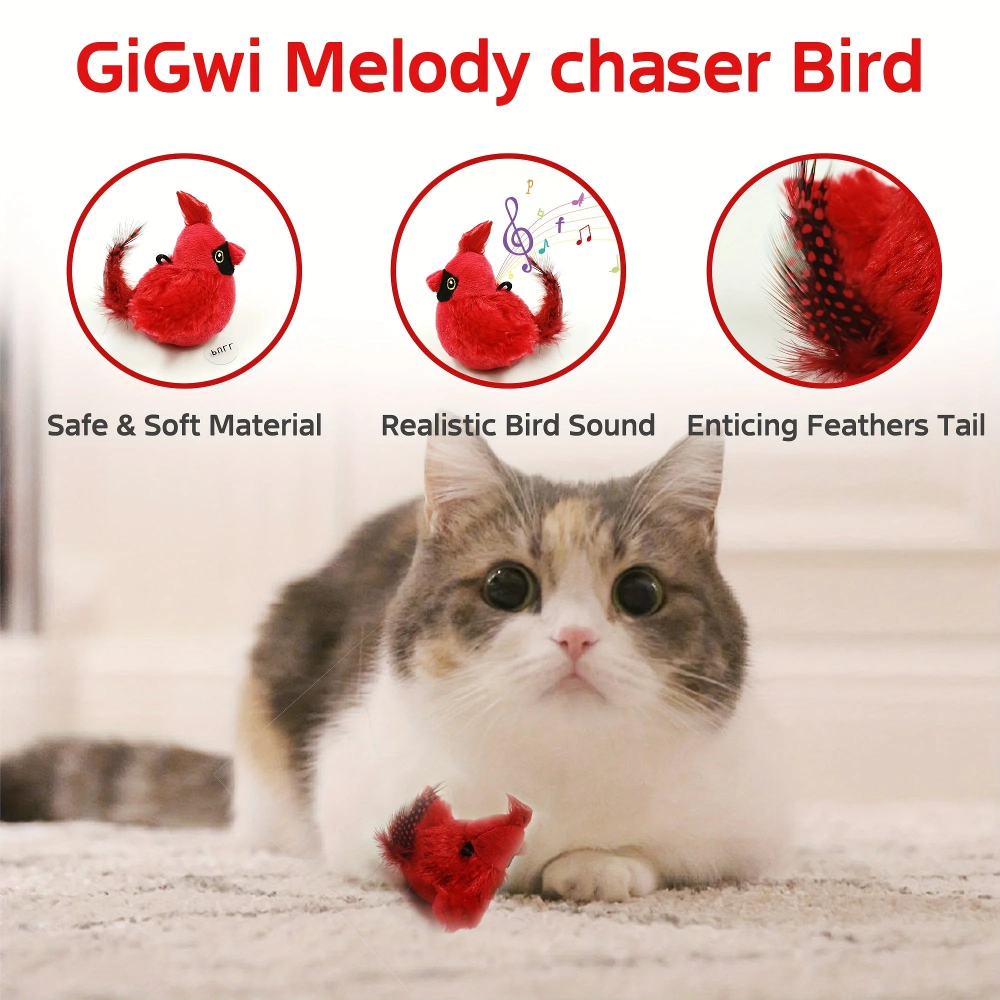 Close-up of a GiGwi red chirping bird cat toy next to a curious cat.