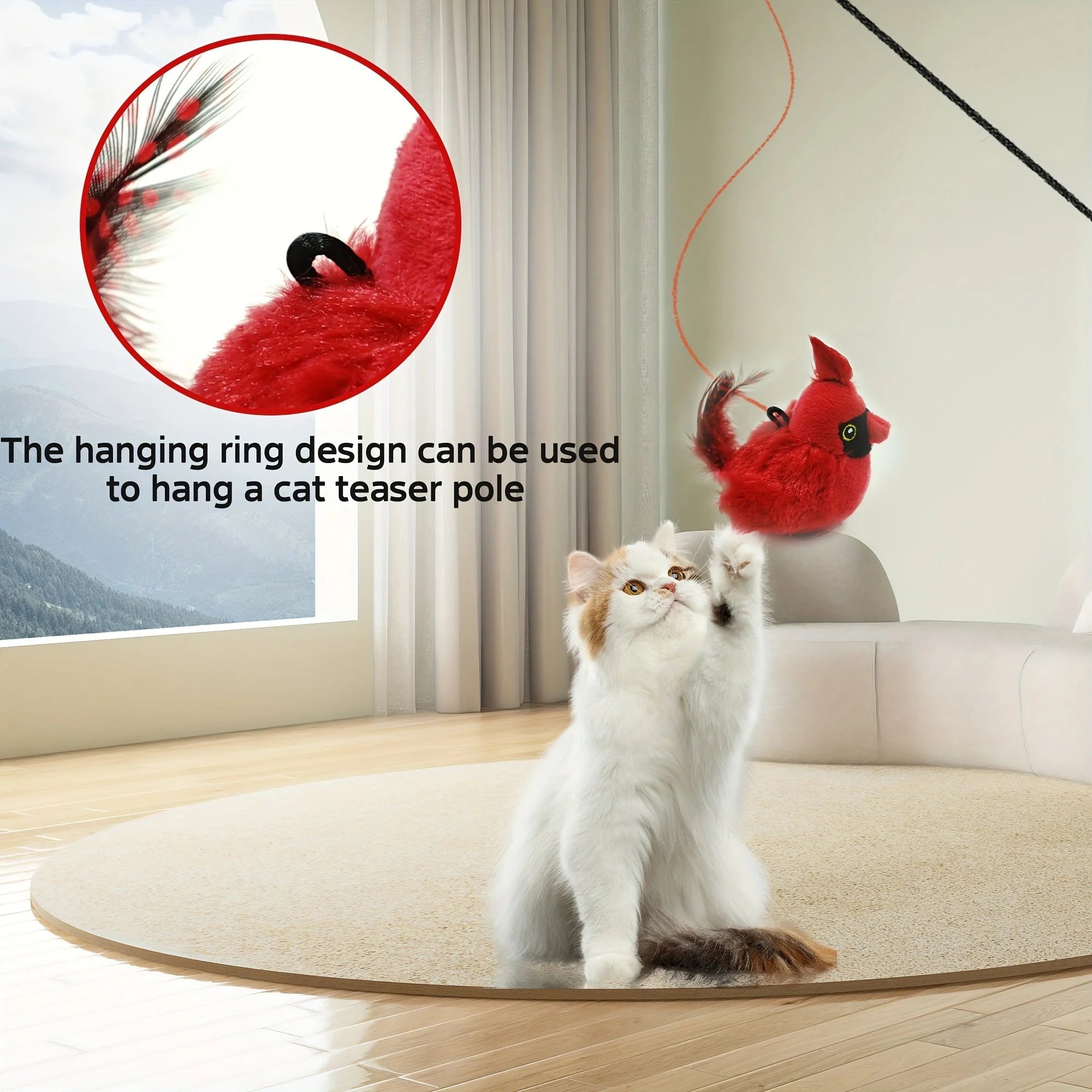 Chirping bird cat toy hanging from a teaser pole, perfect for active play.