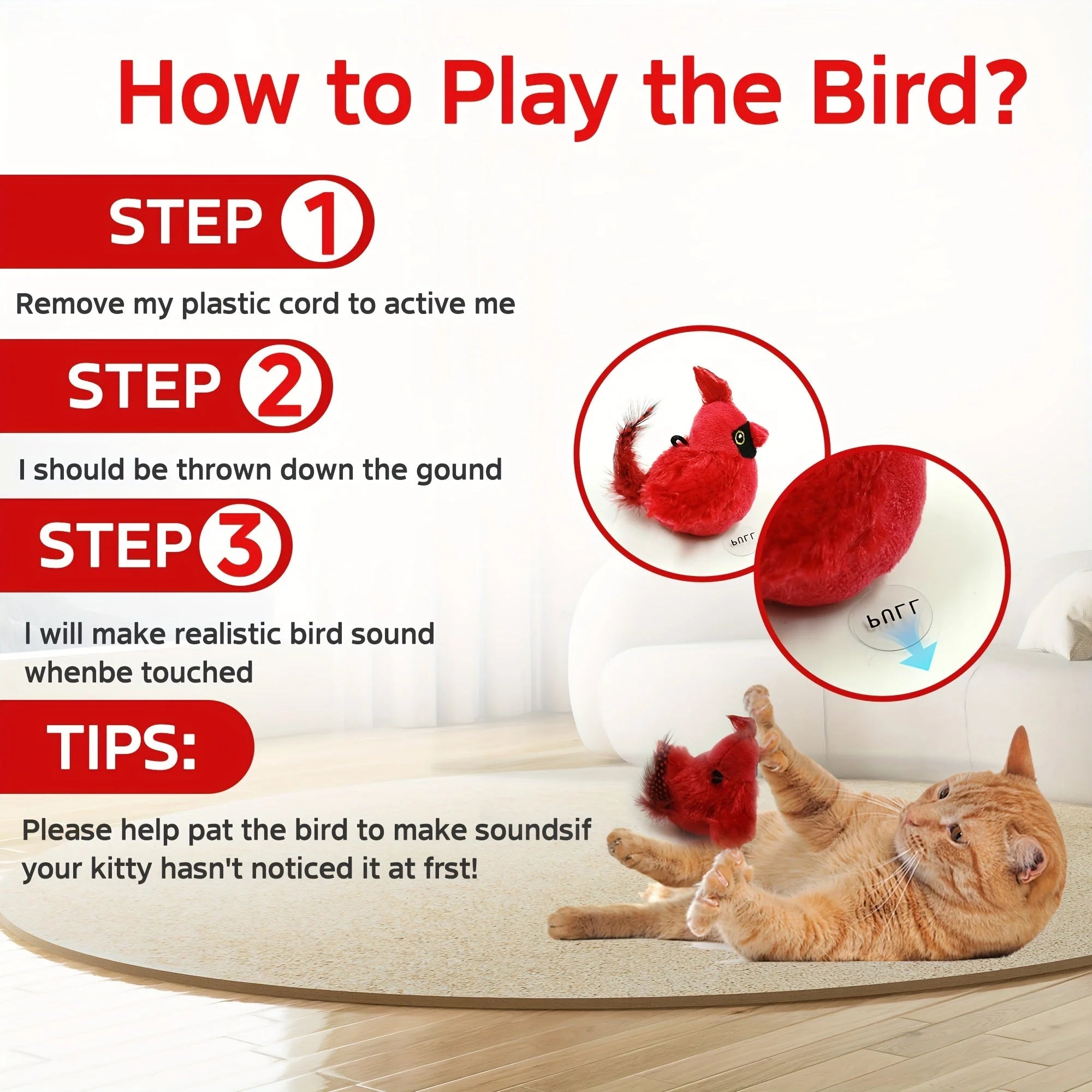 Instruction guide showing how to activate and play with the chirping bird cat toy.