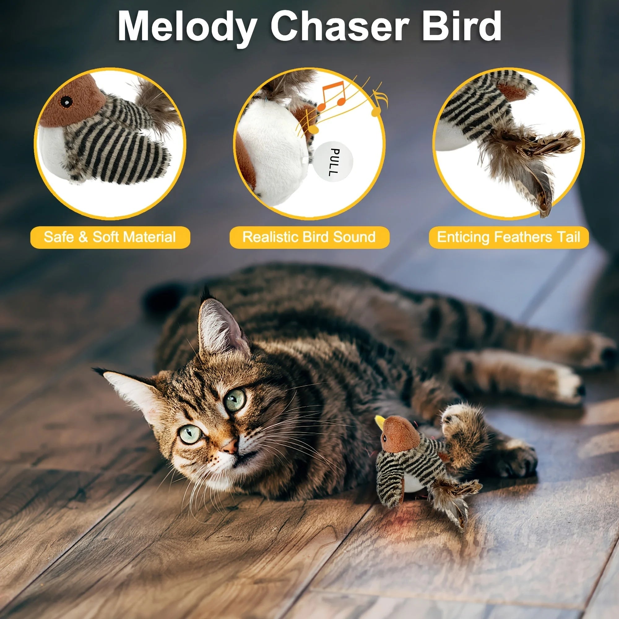 Tabby cat playing with a melody chaser chirping bird cat toy on wooden floor.