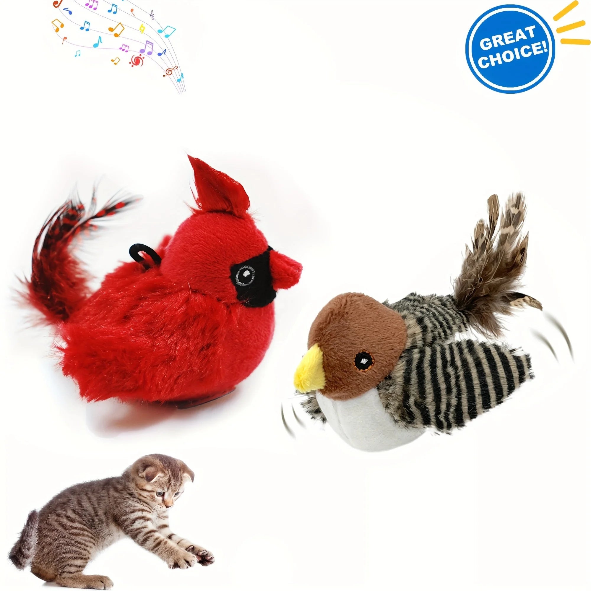 Red and brown chirping bird cat toys with lifelike feathers for interactive feline fun.