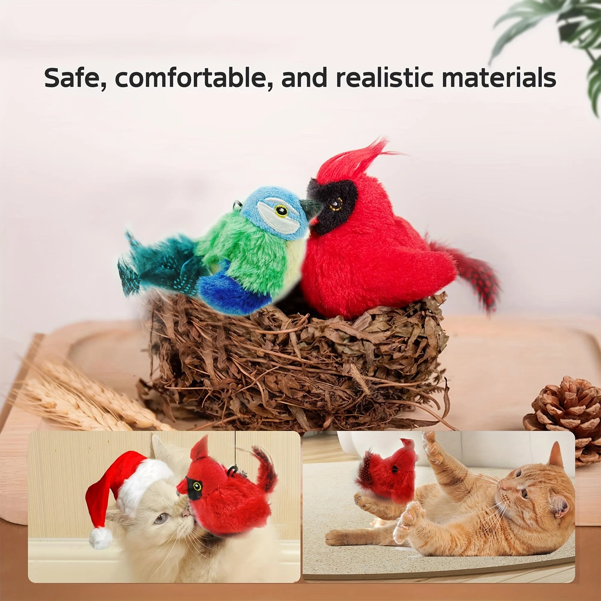 Chirping bird cat toys made with soft, safe, and realistic feather materials.