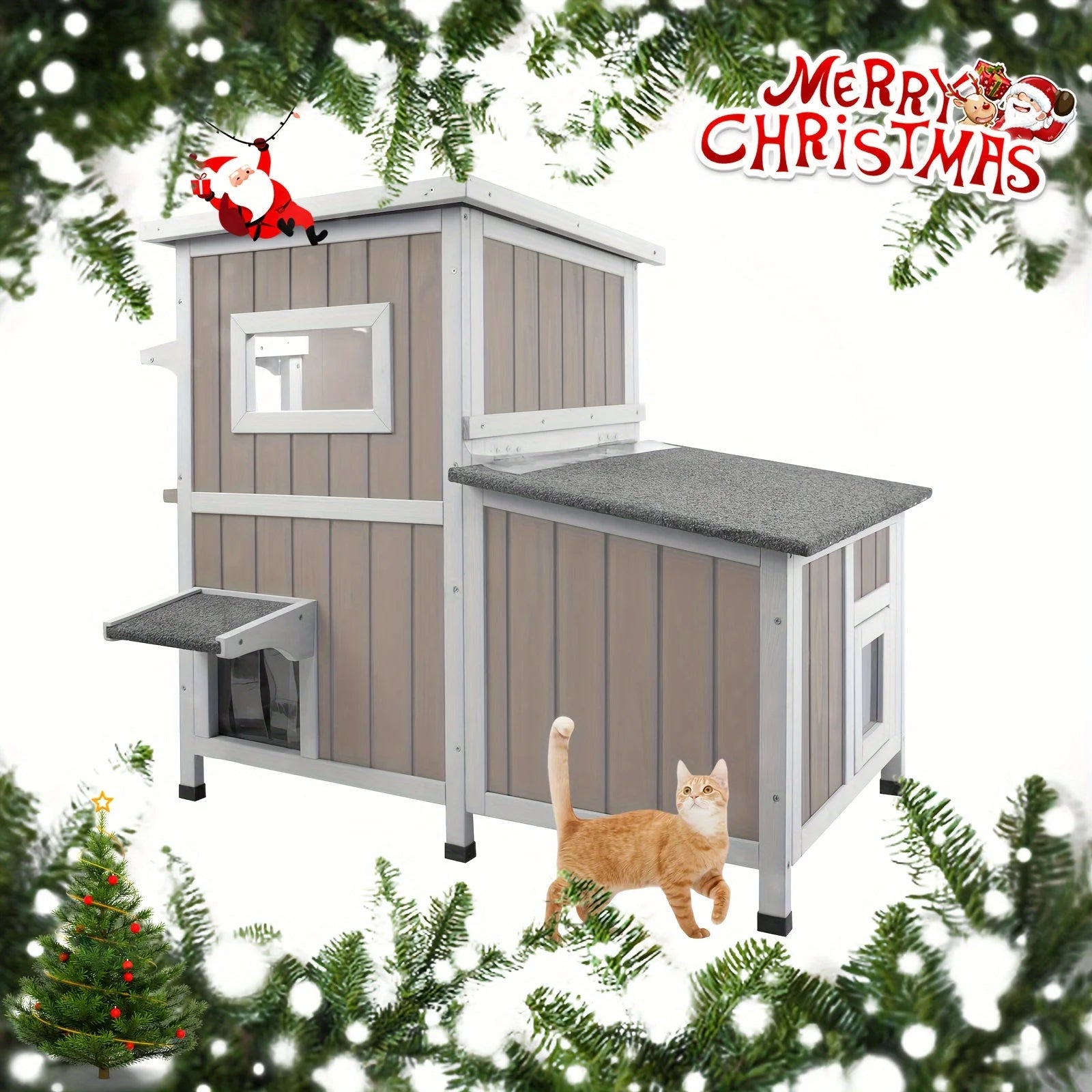 Christmas-themed outdoor cat house for feral cats with festive decorations and a durable design