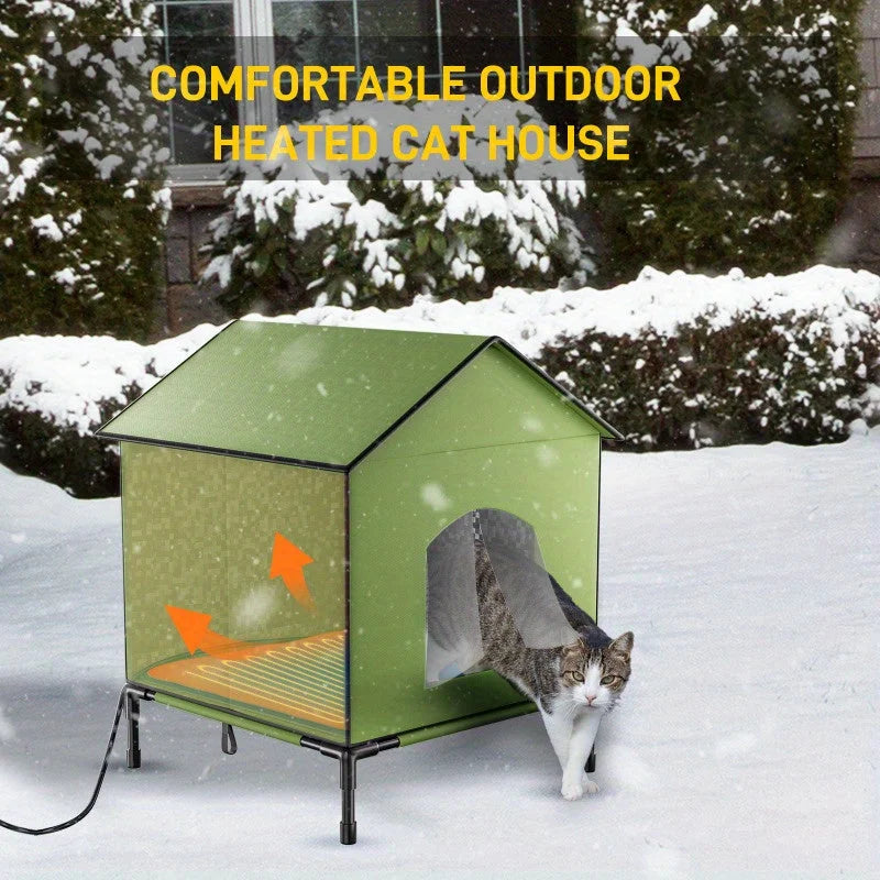 A cozy heated outdoor house for cats, designed to provide warmth during winter snowfalls.