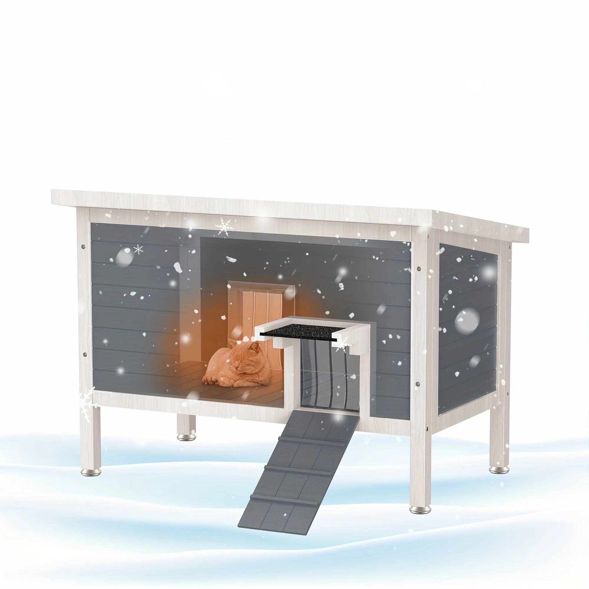 Warm outdoor cat house with insulation, providing a cozy shelter during snowy weather.