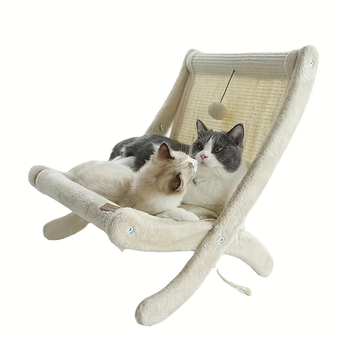 Two cats sharing cozy moments together on the plush and comfortable cat scratching post with bed.