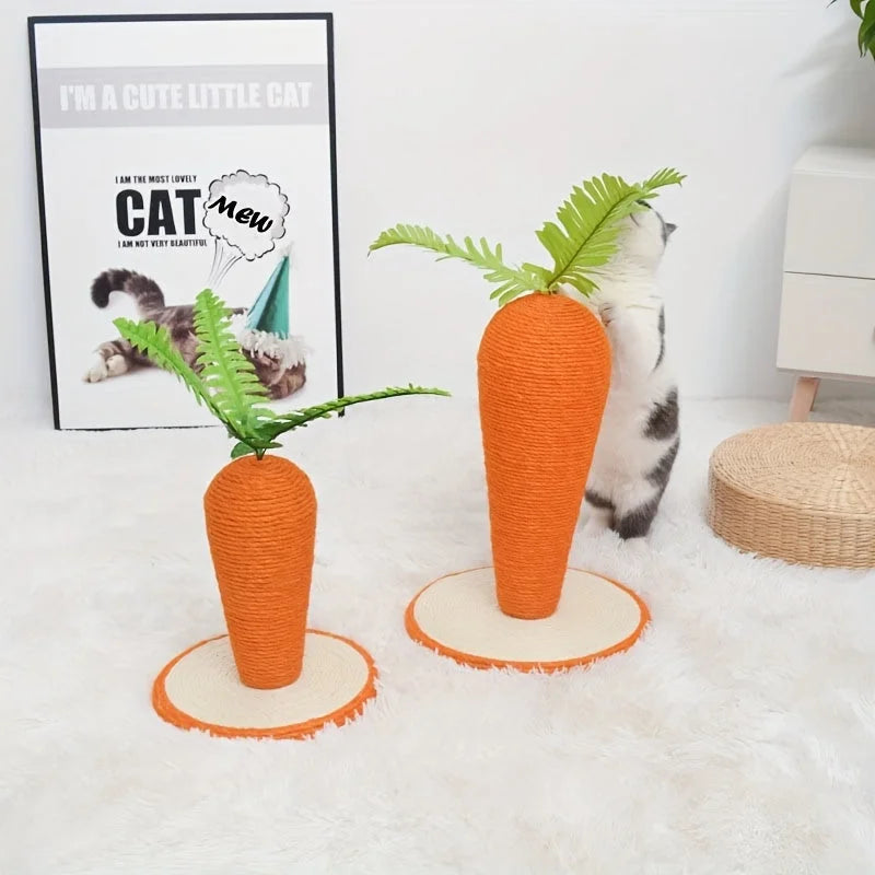 A curious cat exploring the larger carrot-shaped scratching post for cats, blending fun with tasteful decor.