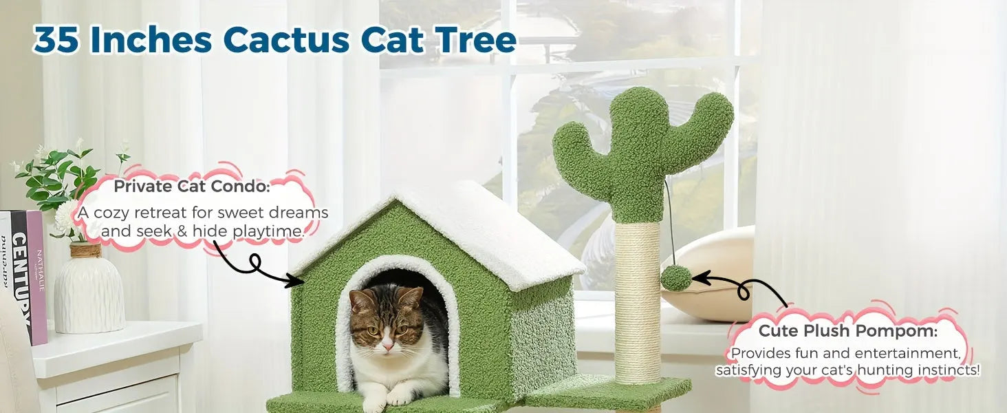 "Detailed dimensions of the Cactus Cat Tree, maximizing fun and functionality in a 3.36 ft² area."