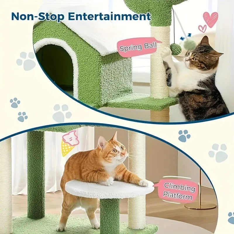 Non-stop entertainment for cats with a spring ball and climbing platform on the Cactus Cat Tree."