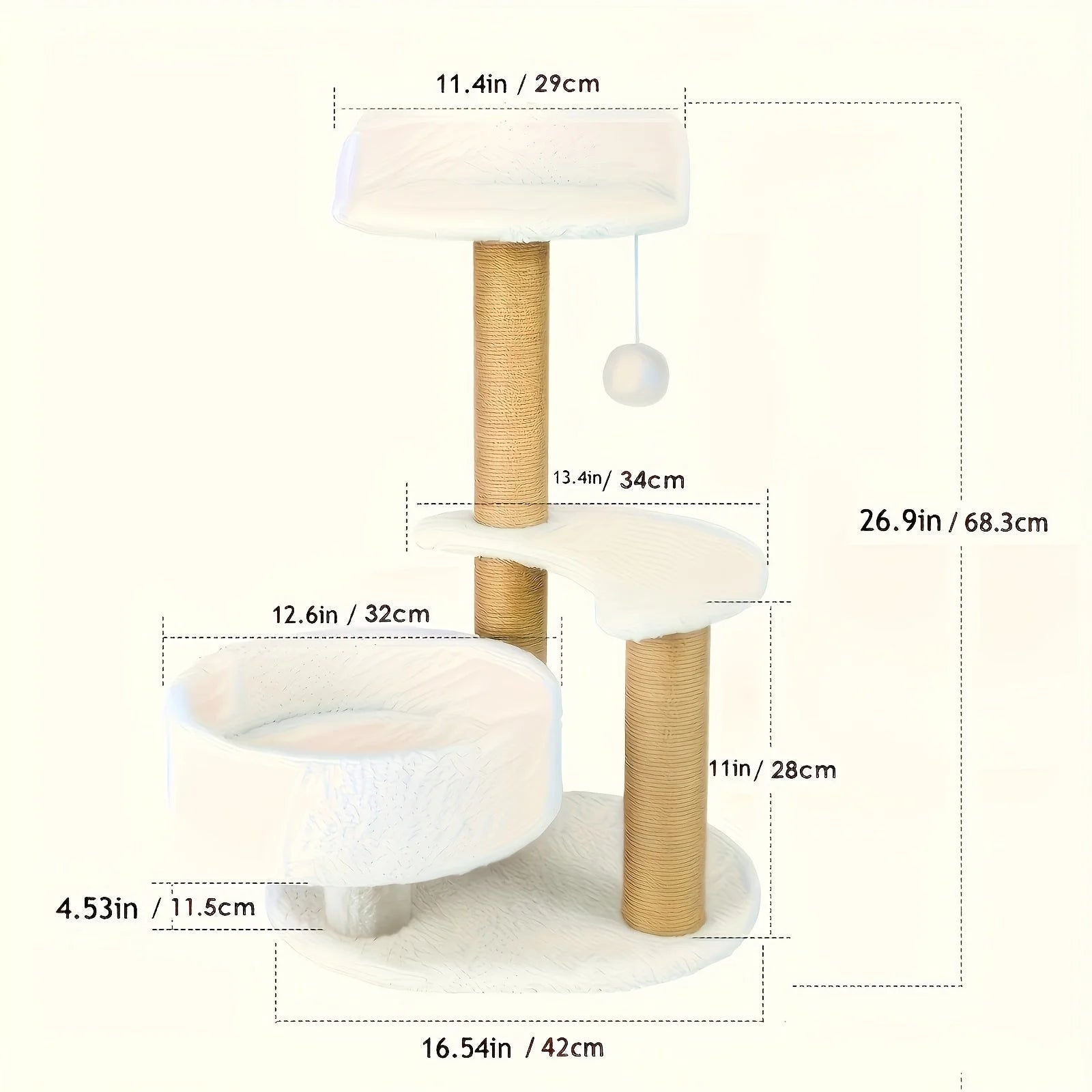 Dimensions diagram of a cat scratching post and tree, clearly showing size specifications including height and widths.