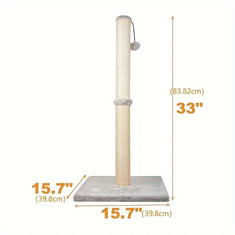 Dimensions of a cat scratching post Walmart product clearly labeled, showing height as 33 inches and base as 15.7 inches square.