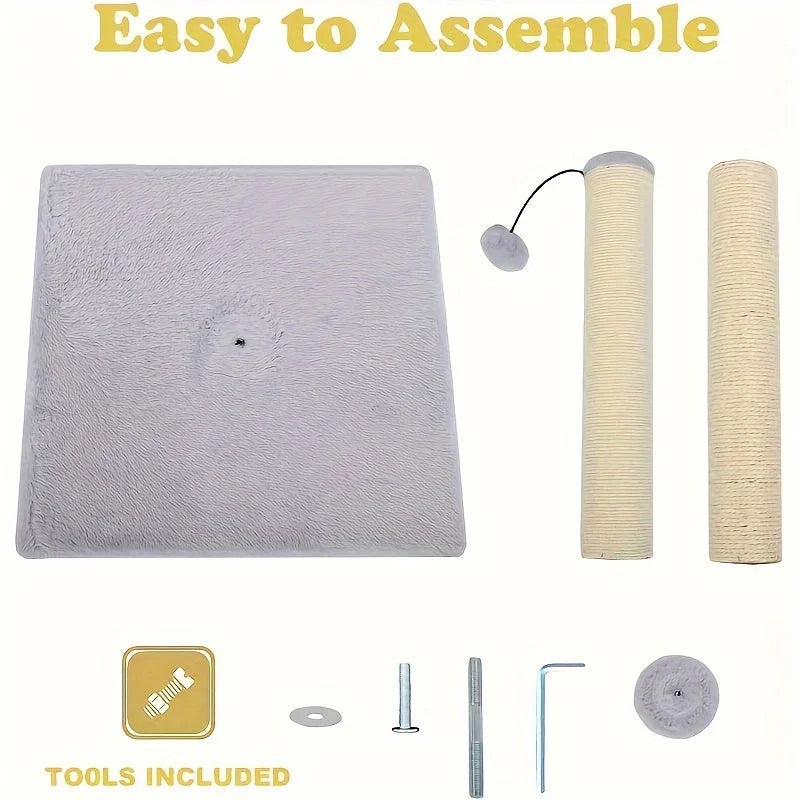 Components of a cat scratching post Walmart laid out to illustrate easy assembly, including provided tools.