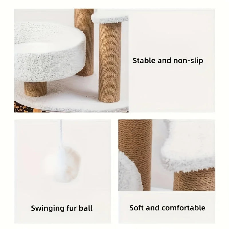 Close-up images highlighting key features of the cat scratching post and tree, such as stability, soft material, and a swinging fur ball.