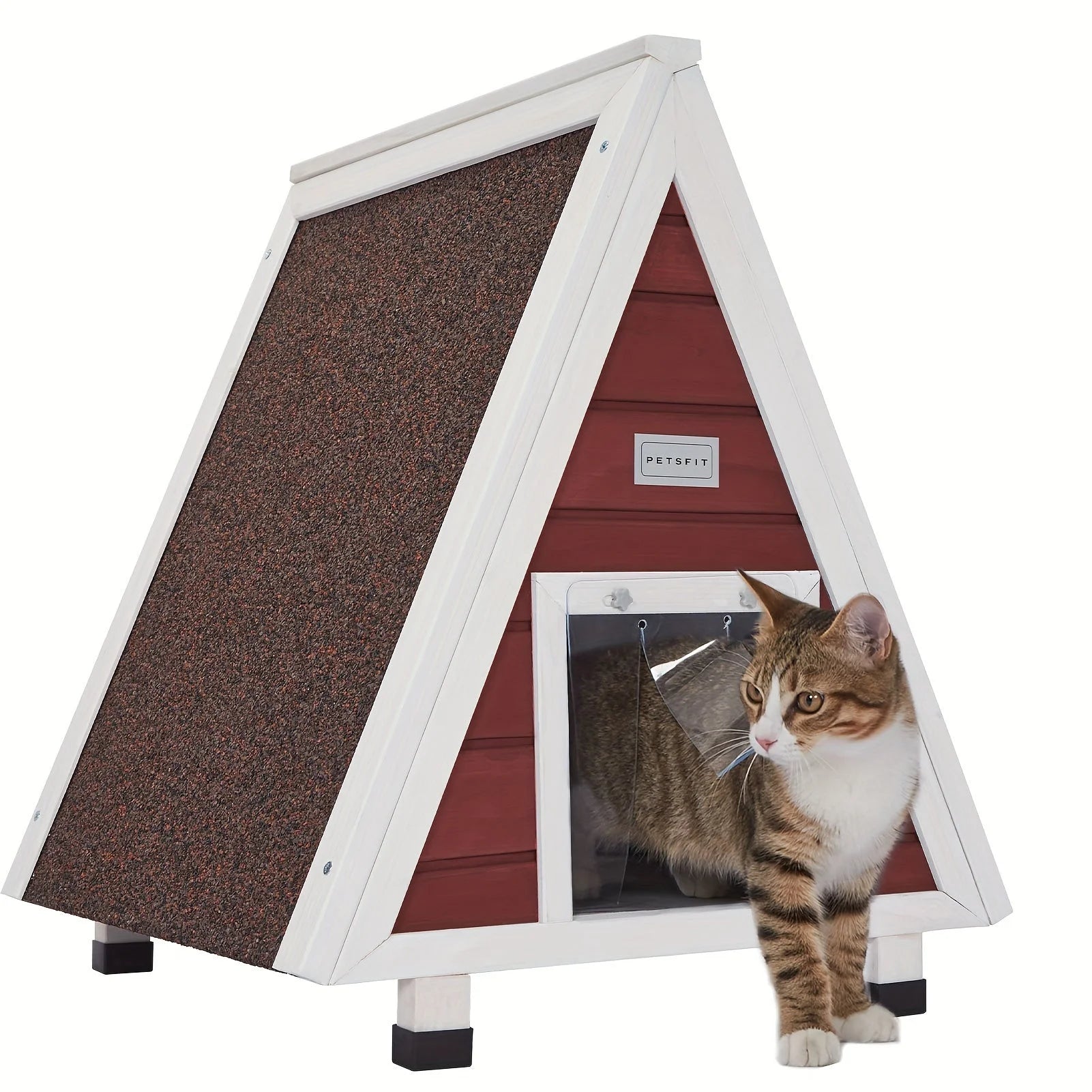 Infographic highlighting the features of a small outdoor cat house, including asphalt roofing, moisture-proof legs, and a washable base