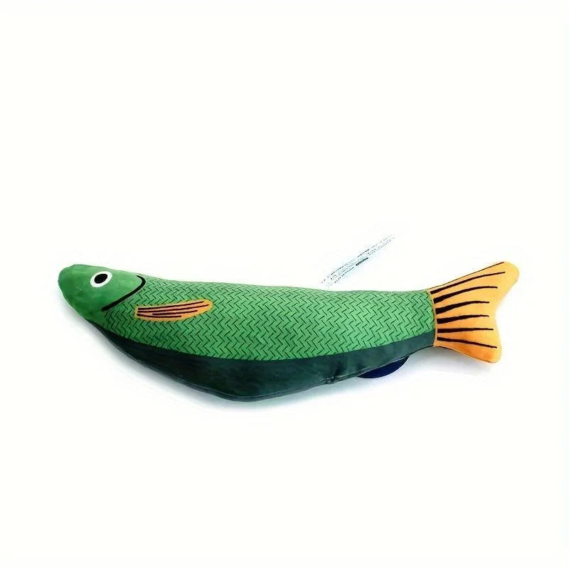 Green version of the fishing toy for cats featuring a playful scale pattern and orange tail.