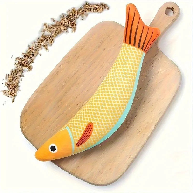 Yellow fishing toy for cats displayed on a wooden cutting board next to loose catnip.