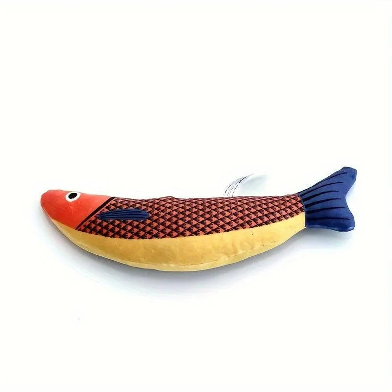 Close-up of a red and blue textured fishing toy for cats on a clean white surface.
