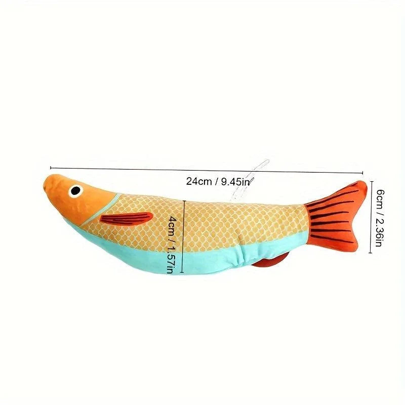 Size chart showing the dimensions of a yellow and orange fishing toy for cats.