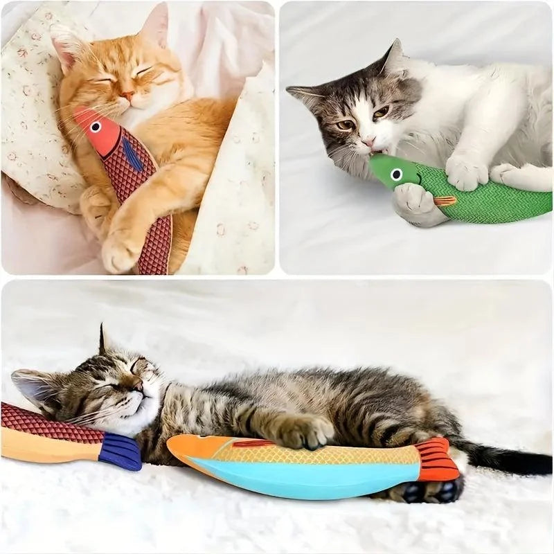 Three sleepy cats cuddling with their favorite fishing toy for cats in different colors.