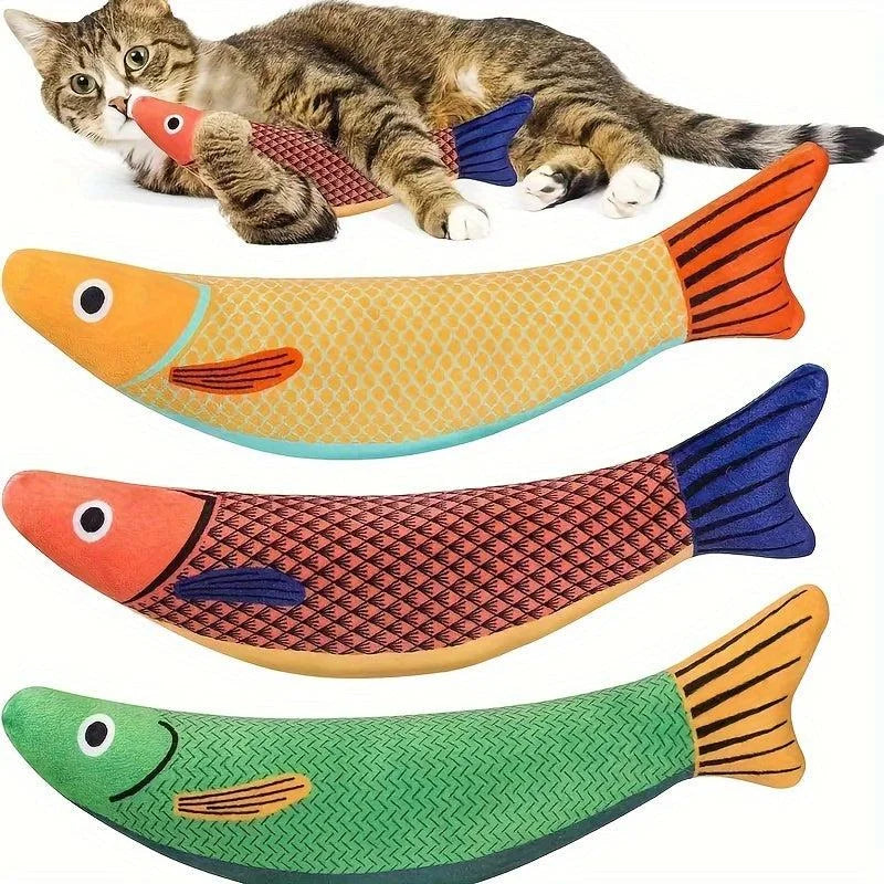 A tabby cat playfully hugging a red and blue fishing toy for cats on a white background.