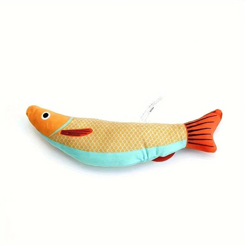 Brightly colored yellow and orange fishing toy for cats placed on a white background.