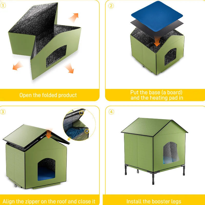 Step-by-step assembly guide for a heated outdoor house for cats, showing how to unfold, insert the heating pad, align the roof zipper, and attach booster legs.